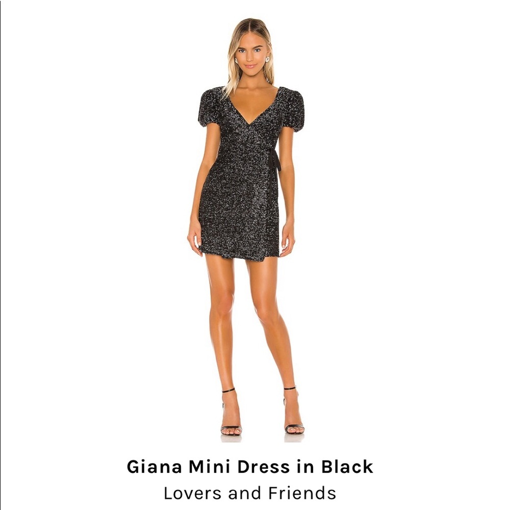 Lovers and Friends black sparkly wrap dress puff sleeve
